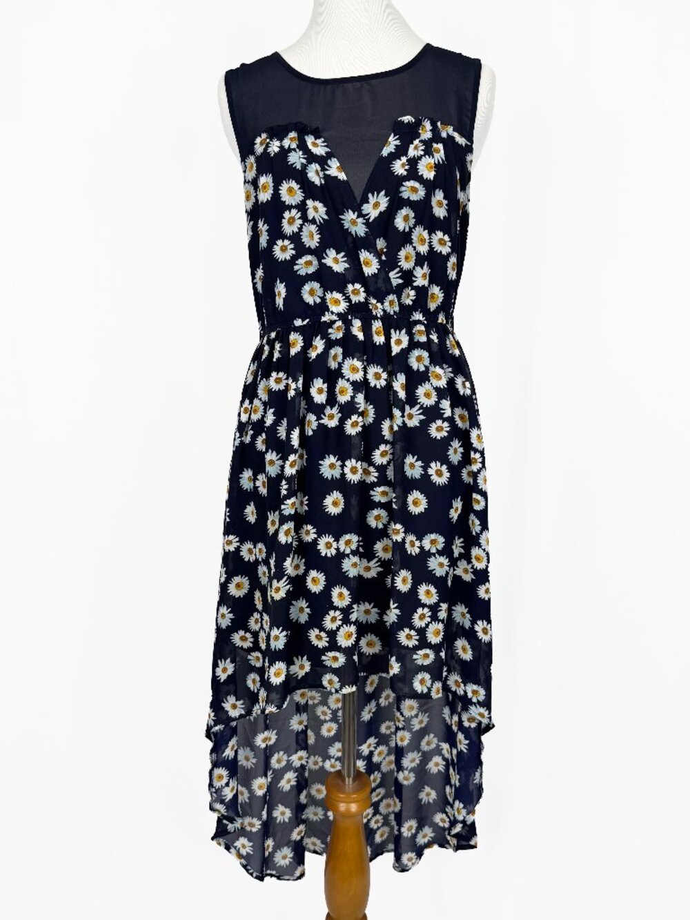 H&M Divided Womens Small S Navy Daisy Print High Low Dress Mesh Boho Sleeveless